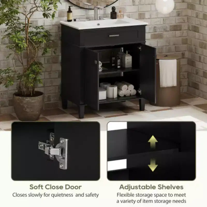 Meuble de salle de bain avec lavabo en céramique, portes à fermeture douce et étagère réglable