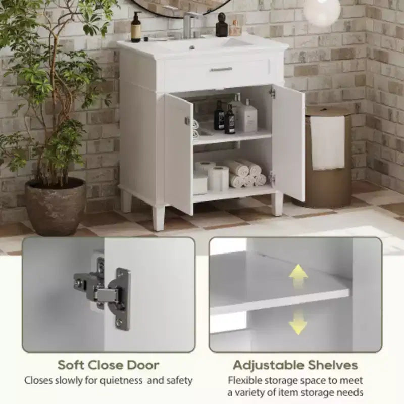 Meuble de salle de bain avec lavabo en céramique, portes à fermeture douce et étagère réglable