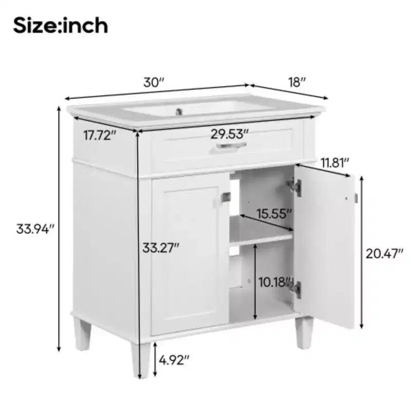 Meuble de salle de bain avec lavabo en céramique, portes à fermeture douce et étagère réglable