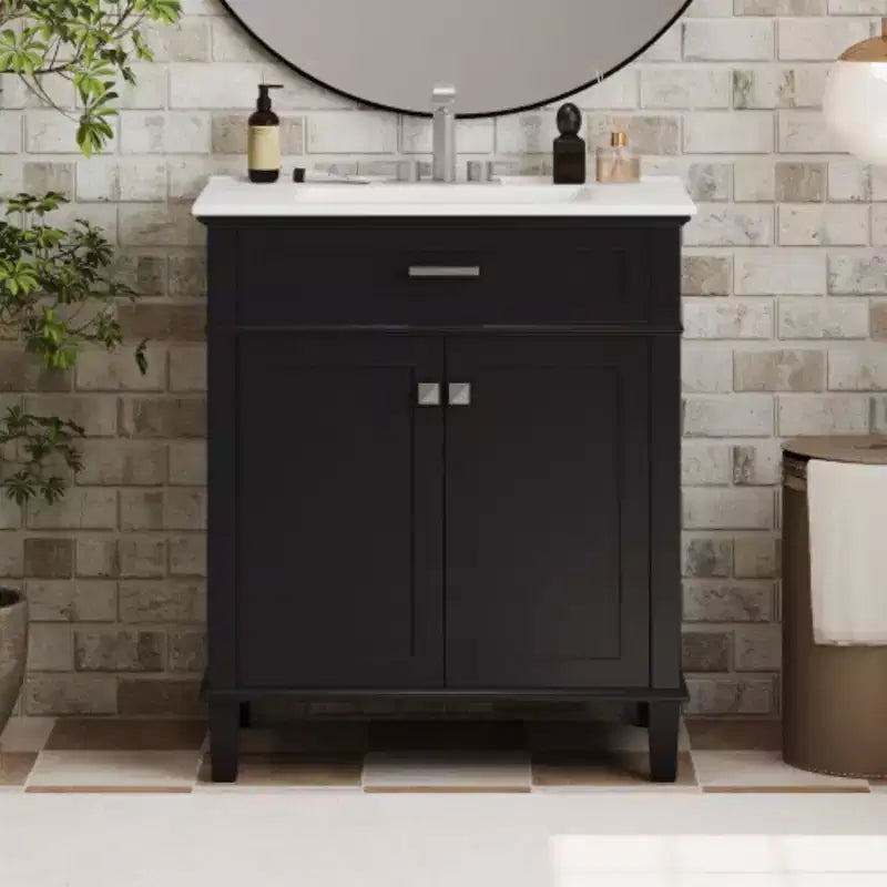 Meuble de salle de bain avec lavabo en céramique, portes à fermeture douce et étagère réglable