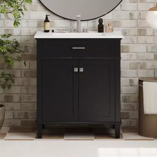 Meuble de salle de bain avec lavabo en céramique, portes à fermeture douce et étagère réglable