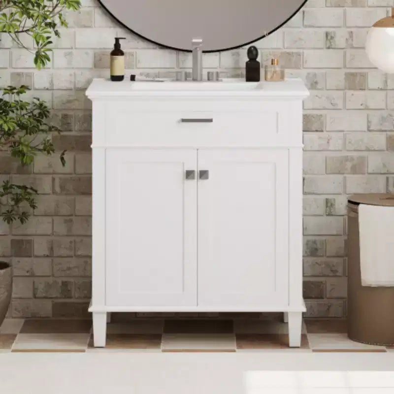 Meuble de salle de bain avec lavabo en céramique, portes à fermeture douce et étagère réglable