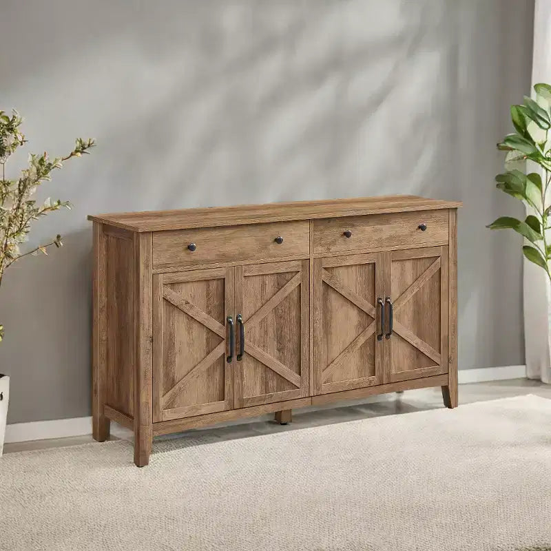 Meuble de rangement de cuisine miel marron avec 2 tiroirs et étagères réglables,