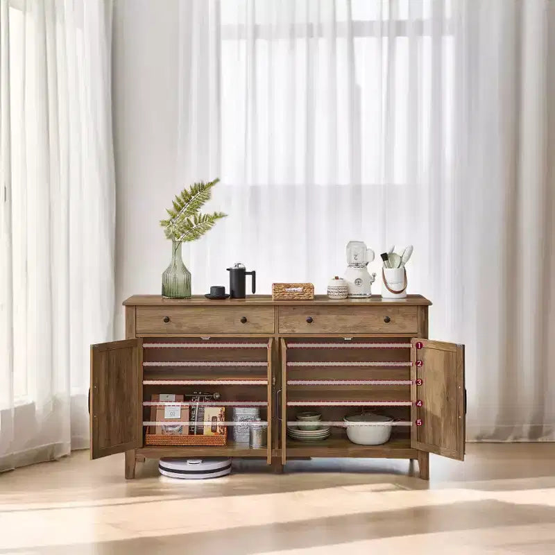 Meuble de rangement de cuisine miel marron avec 2 tiroirs et étagères réglables,