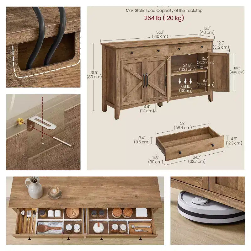 Meuble de rangement de cuisine miel marron avec 2 tiroirs et étagères réglables,