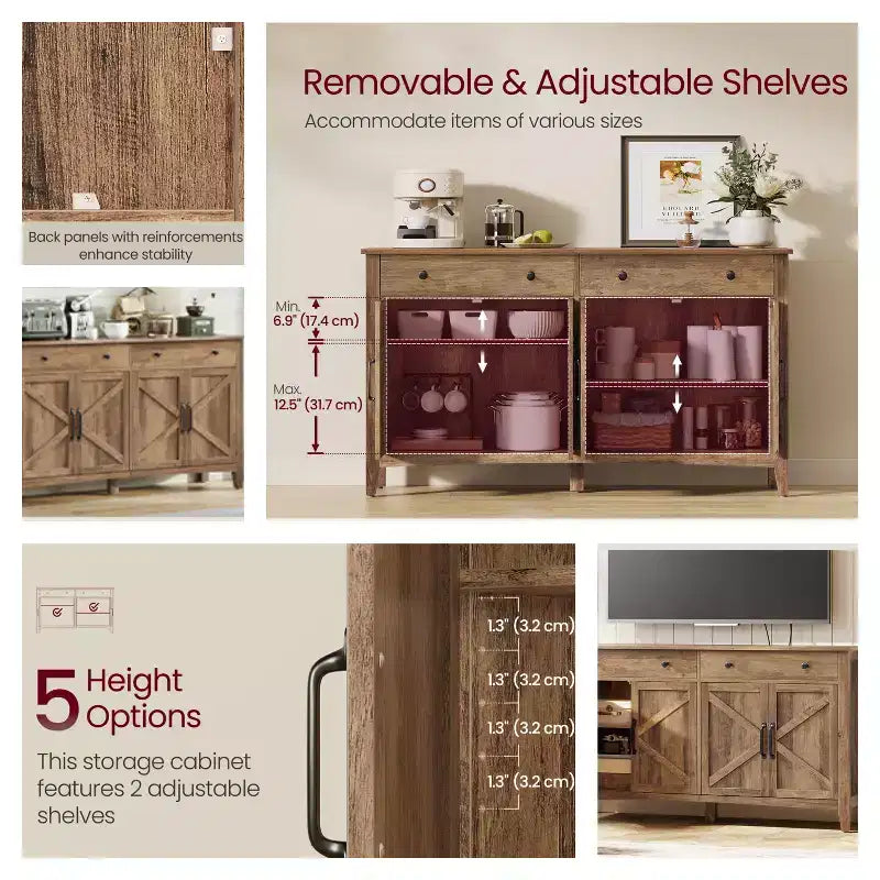 Meuble de rangement de cuisine miel marron avec 2 tiroirs et étagères réglables,