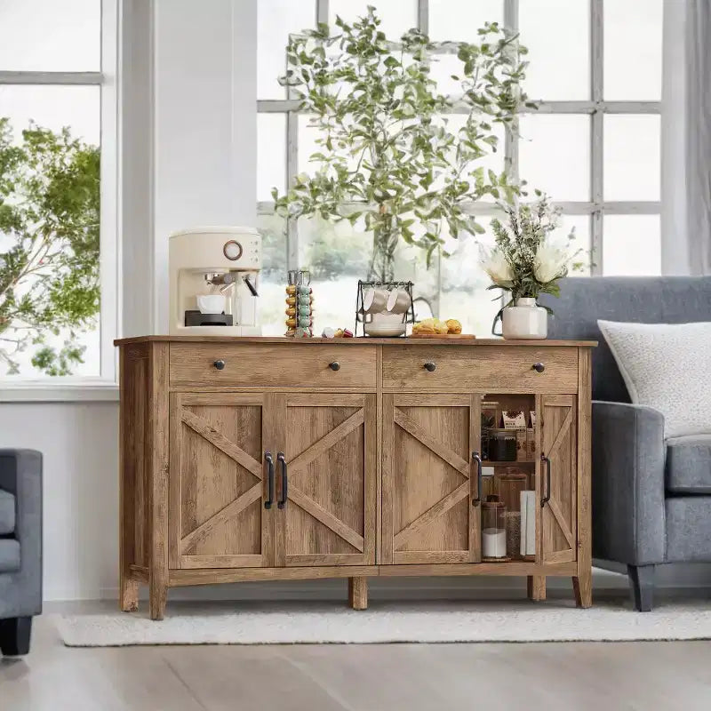 Meuble de rangement de cuisine miel marron avec 2 tiroirs et étagères réglables,