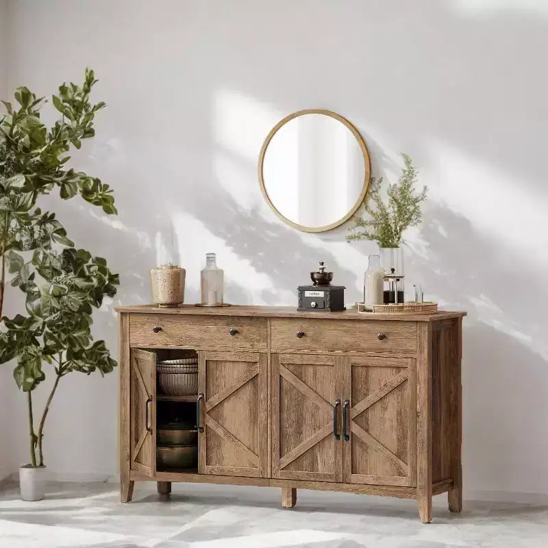 Meuble de rangement de cuisine miel marron avec 2 tiroirs et étagères réglables,