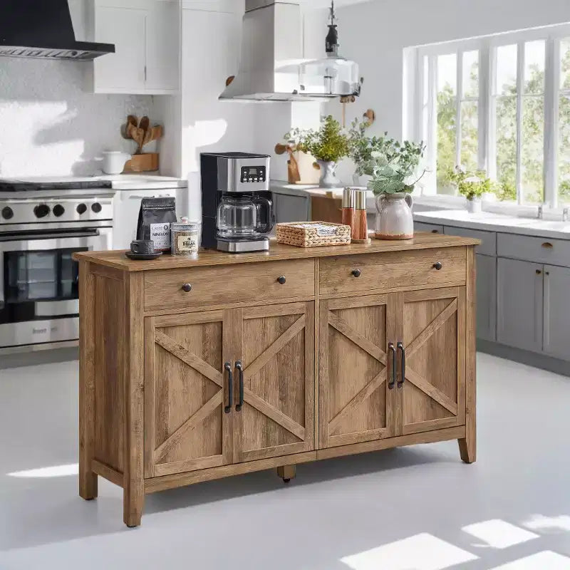 Meuble de rangement de cuisine miel marron avec 2 tiroirs et étagères réglables,