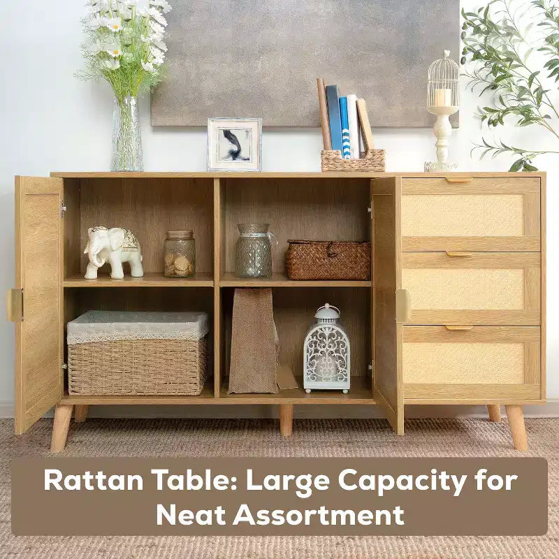 Table en rotin à double porte - Armoire tressée naturelle pour une décoration d'intérieur bohème moderne