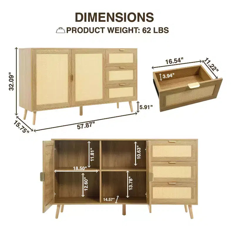 Table en rotin à double porte - Armoire tressée naturelle pour une décoration d'intérieur bohème moderne