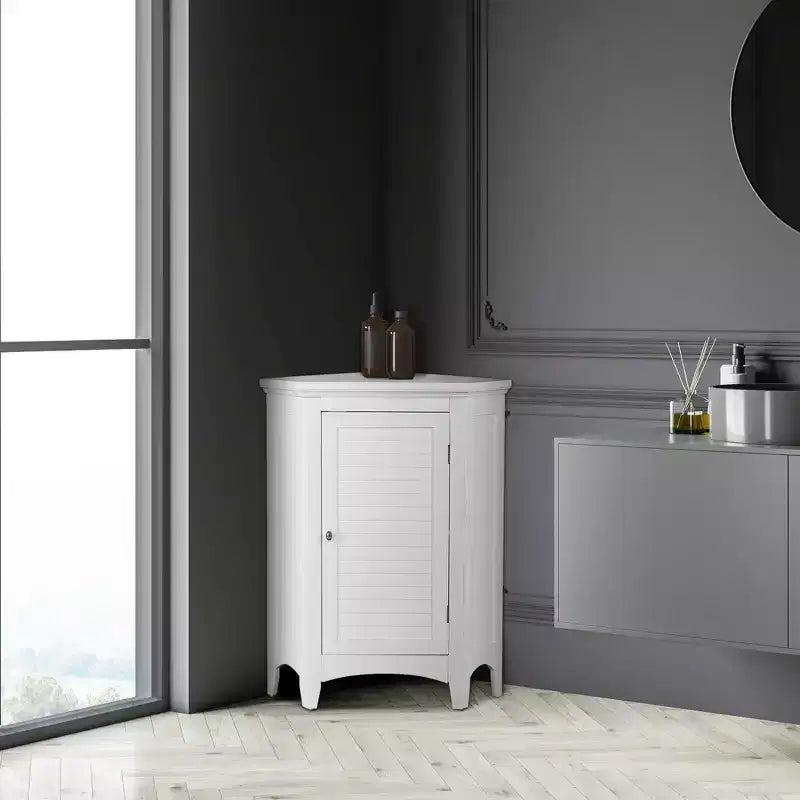 Meuble d'angle de sol en bois sur pied avec porte à persiennes factices, blanc