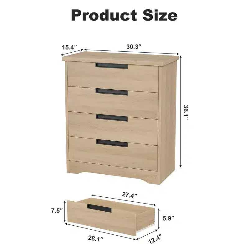 Commode à 4 tiroirs pour chambre à coucher, commode de rangement naturelle