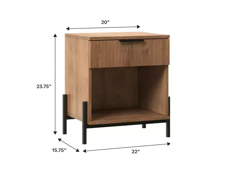 Table de chevet moderne avec tiroir cannelé, niche ouverte et pieds en métal