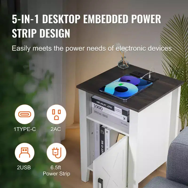 Table d'appoint de ferme, Table de chevet avec station de recharge, Table d'appoint à 3 niveaux