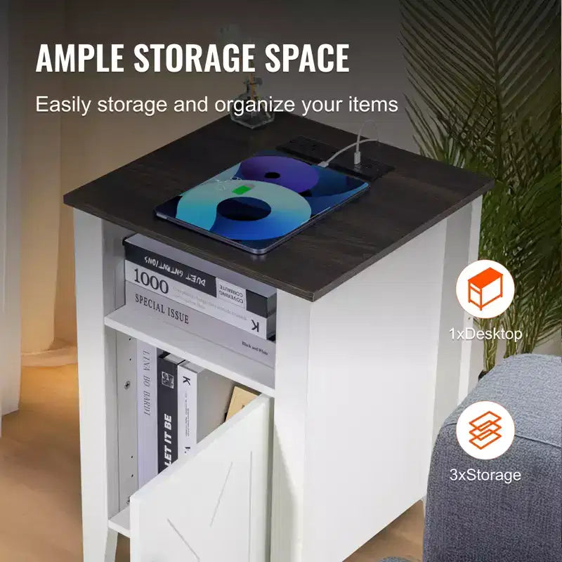 Table d'appoint de ferme, Table de chevet avec station de recharge, Table d'appoint à 3 niveaux