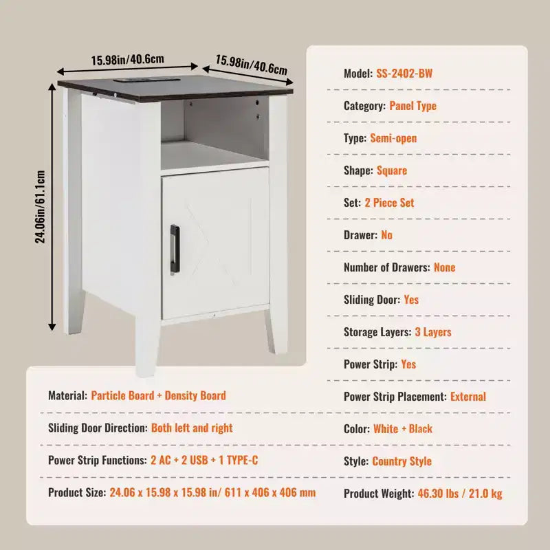 Table d'appoint de ferme, Table de chevet avec station de recharge, Table d'appoint à 3 niveaux