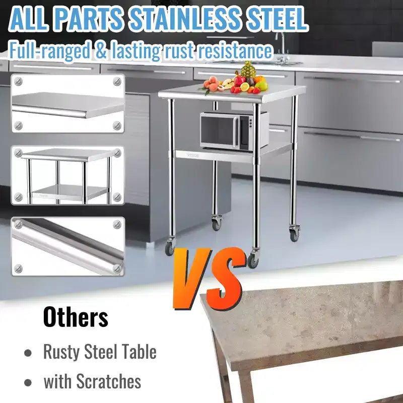 Table de préparation en acier inoxydable, table de travail en métal robuste avec étagère inférieure réglable
