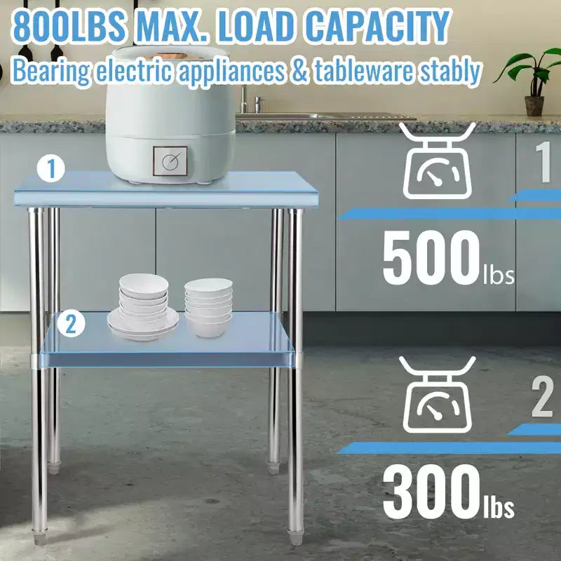 Table de préparation en acier inoxydable, table de travail en métal robuste avec étagère inférieure réglable