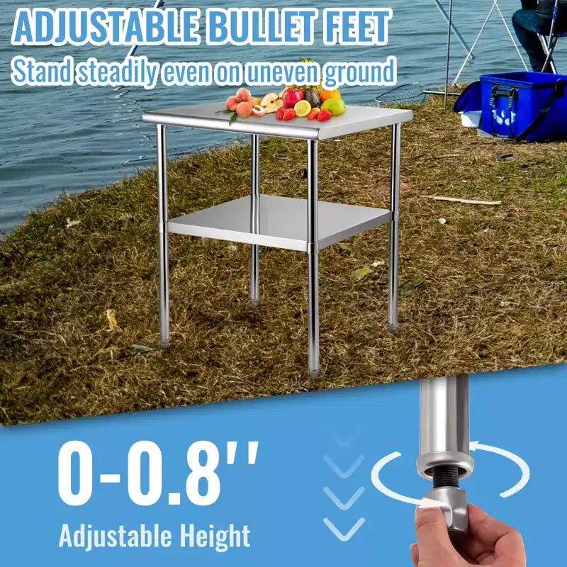 Table de préparation en acier inoxydable, table de travail en métal robuste avec étagère inférieure réglable