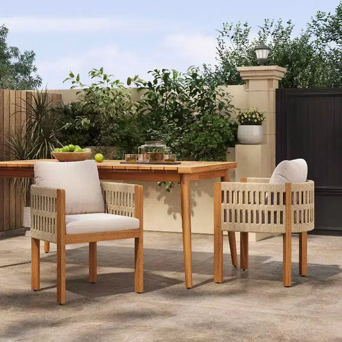 Chaises de patio en bois d'acacia avec accoudoirs recouverts de corde et coussins en mousse imperméable