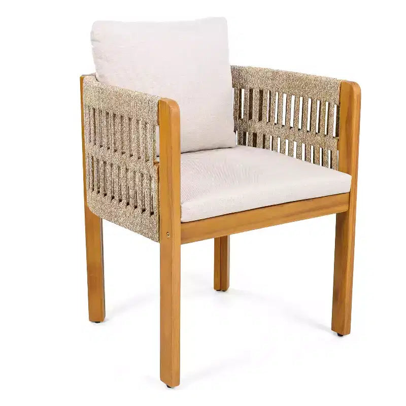 Chaises de patio en bois d'acacia avec accoudoirs recouverts de corde et coussins en mousse imperméable