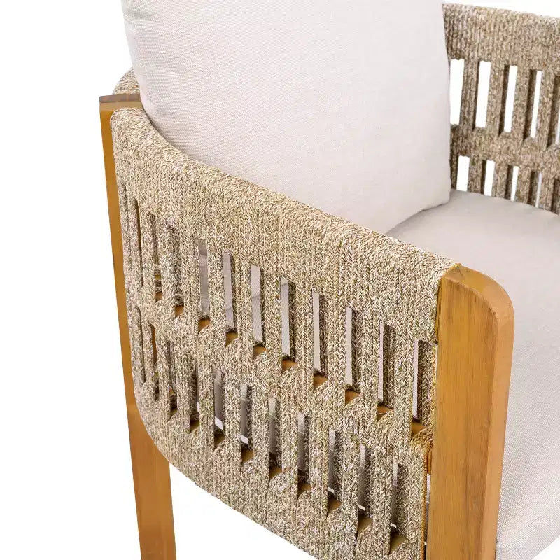 Chaises de patio en bois d'acacia avec accoudoirs recouverts de corde et coussins en mousse imperméable