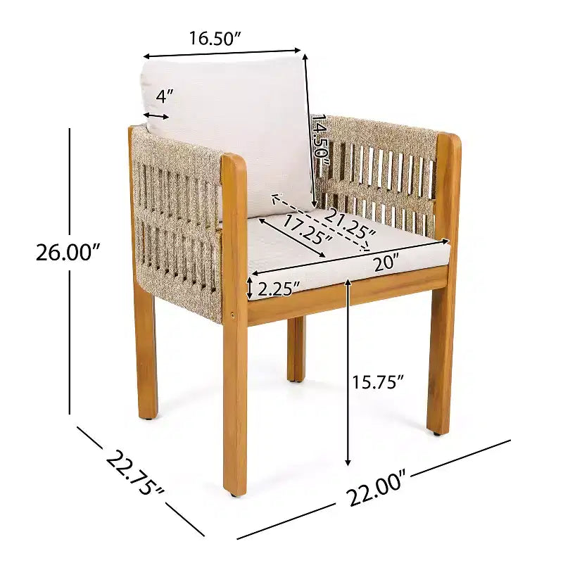 Chaises de patio en bois d'acacia avec accoudoirs recouverts de corde et coussins en mousse imperméable