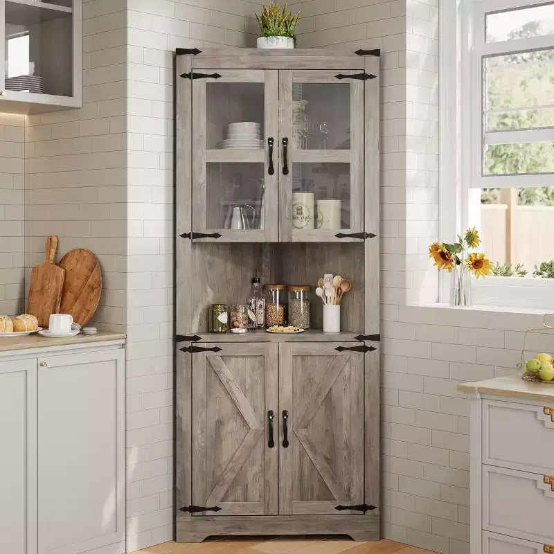 Whizmax Farmhouse Corner Cabinet, Tall Corner Storage Cabinet with Glass Door & Adjustable Shelves, Bathroom Cabinet for Living Room, Bathroom