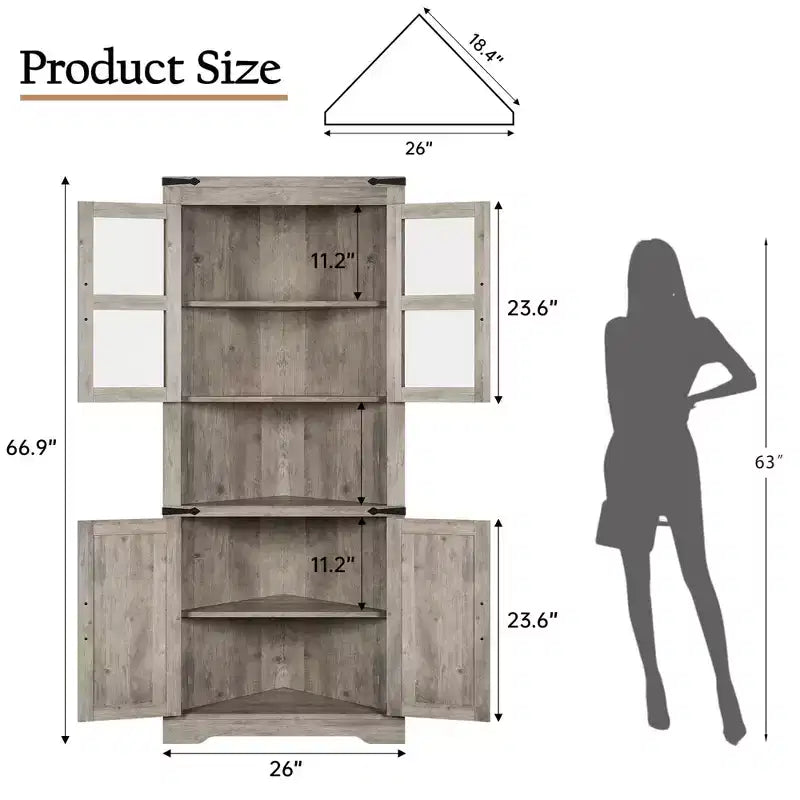 Armoire d'angle de ferme, haute armoire de rangement d'angle avec porte en verre