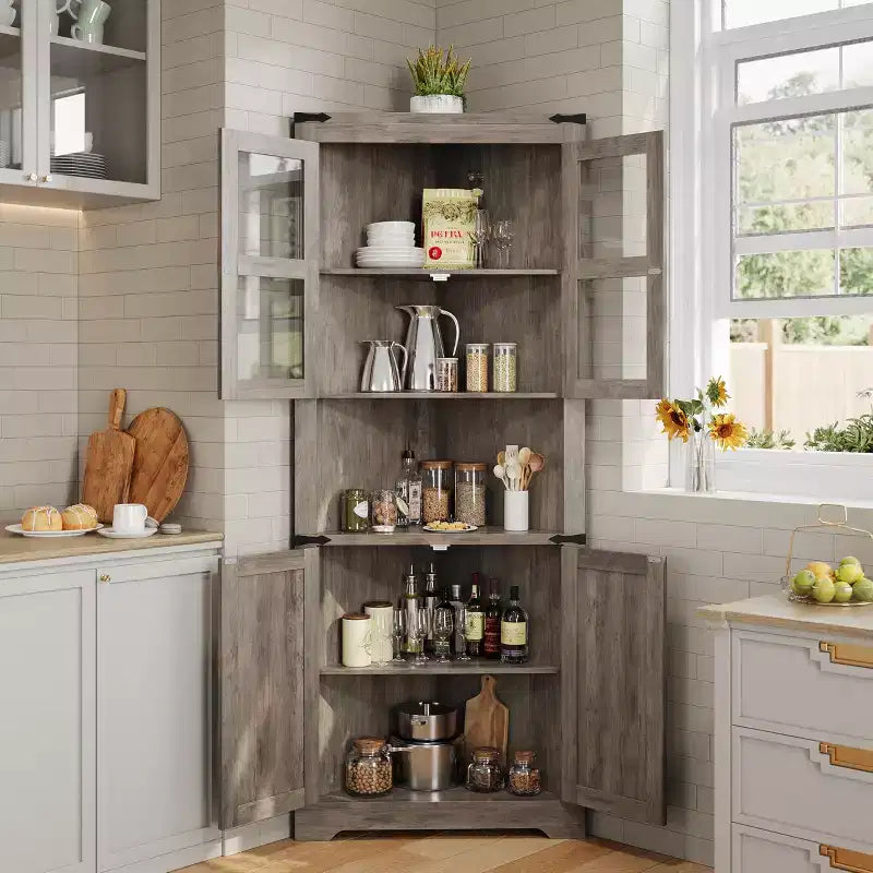 Armoire d'angle de ferme, haute armoire de rangement d'angle avec porte en verre