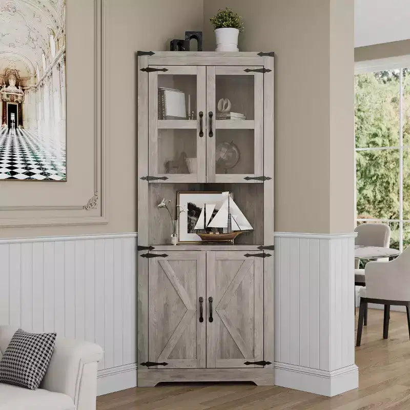 Armoire d'angle de ferme, haute armoire de rangement d'angle avec porte en verre