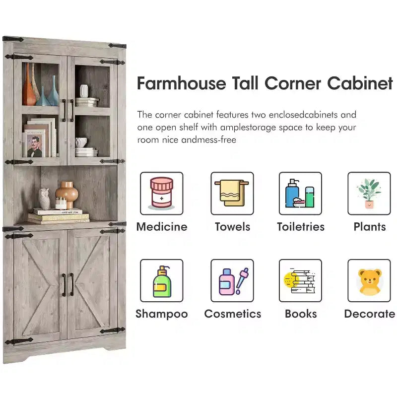 Armoire d'angle de ferme, haute armoire de rangement d'angle avec porte en verre