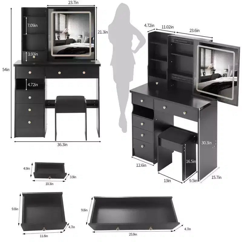 Table et chaise de maquillage avec rangement grande capacité, 37 tiroirs de bureau à gauche