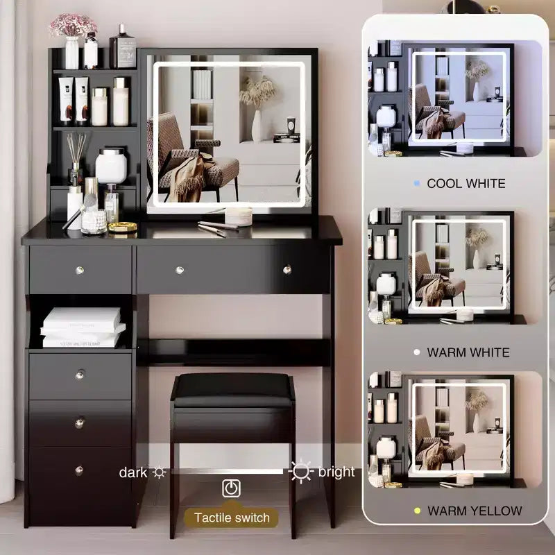 Table et chaise de maquillage avec rangement grande capacité, 37 tiroirs de bureau à gauche
