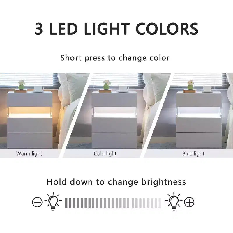 Commode à 3 tiroirs avec LED pour chambre à coucher, tables de chevet avec LED en acrylique