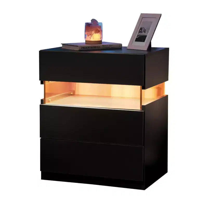 Commode à 3 tiroirs avec LED pour chambre à coucher, tables de chevet avec LED en acrylique