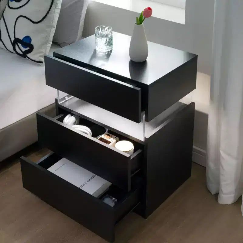 Commode à 3 tiroirs avec LED pour chambre à coucher, tables de chevet avec LED en acrylique