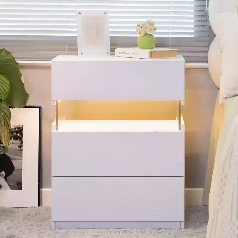 Commode à 3 tiroirs avec LED pour chambre à coucher, tables de chevet avec LED en acrylique
