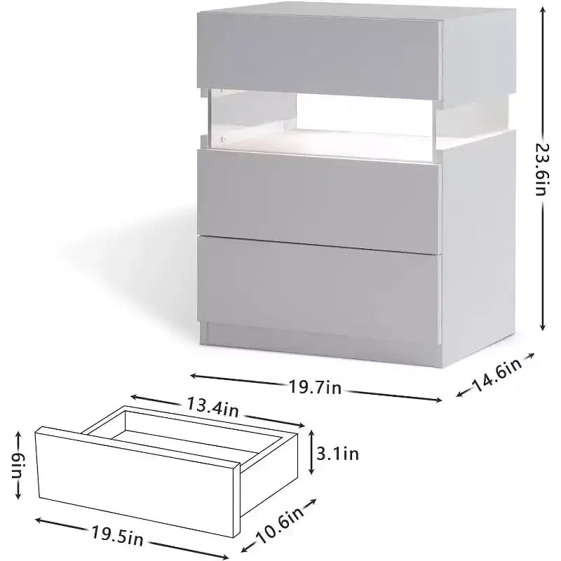 Commode à 3 tiroirs avec LED pour chambre à coucher, tables de chevet avec LED en acrylique