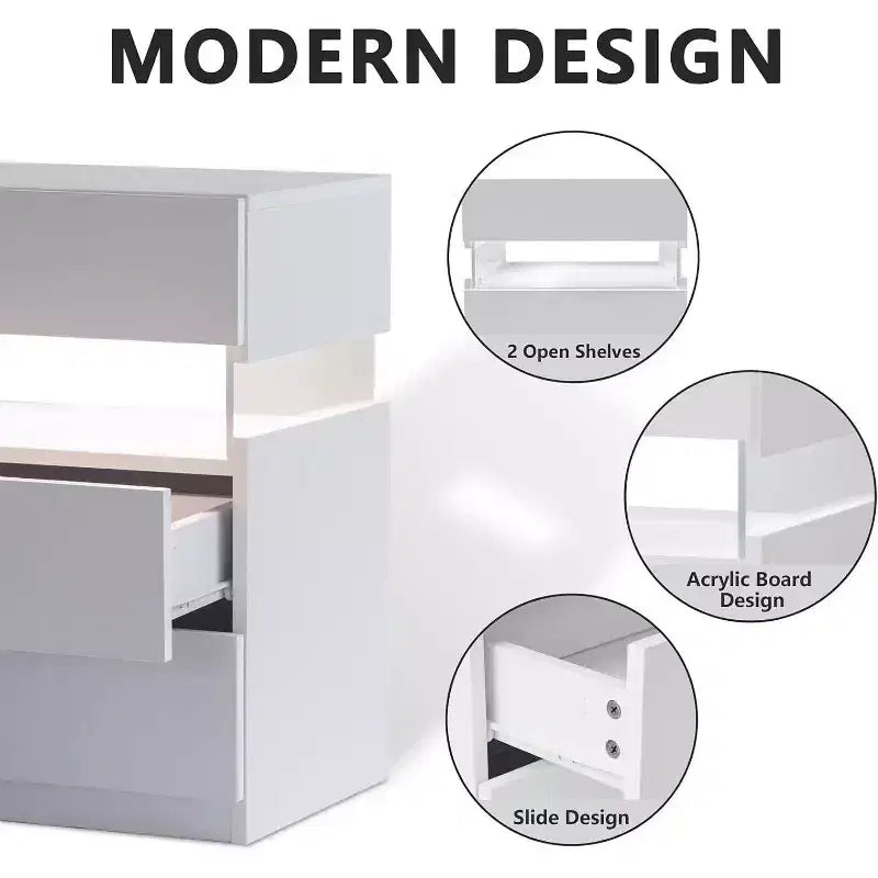 Commode à 3 tiroirs avec LED pour chambre à coucher, tables de chevet avec LED en acrylique