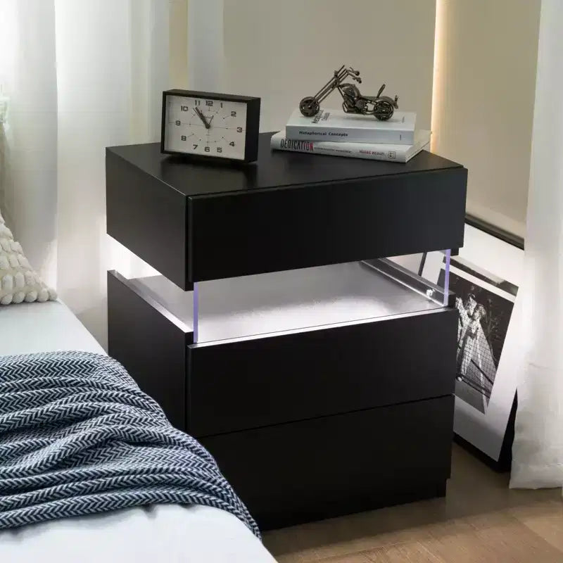 Commode à 3 tiroirs avec LED pour chambre à coucher, tables de chevet avec LED en acrylique