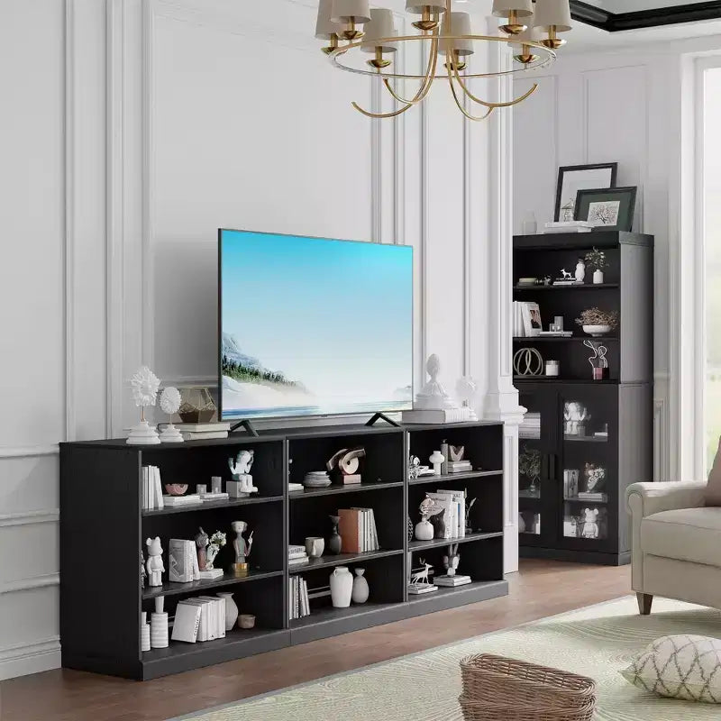 Armoire de rangement décorative noire sans porte en grain de bois, pour chambre, salon