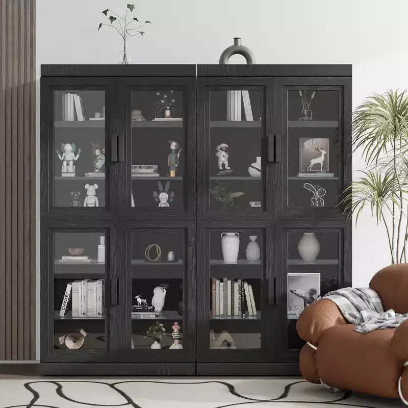 Meuble de rangement décoratif vitrine en bois grain avec porte en verre noir