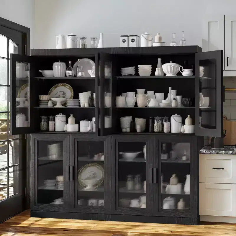 Meuble de rangement décoratif vitrine en bois grain avec porte en verre noir