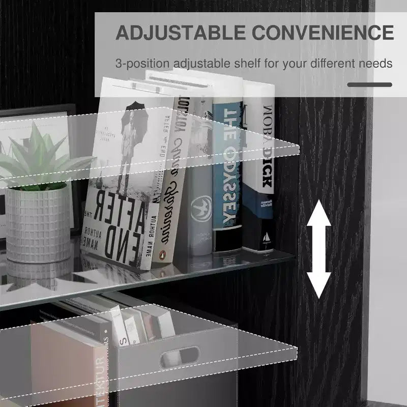 Meuble de rangement décoratif vitrine en bois grain avec porte en verre noir