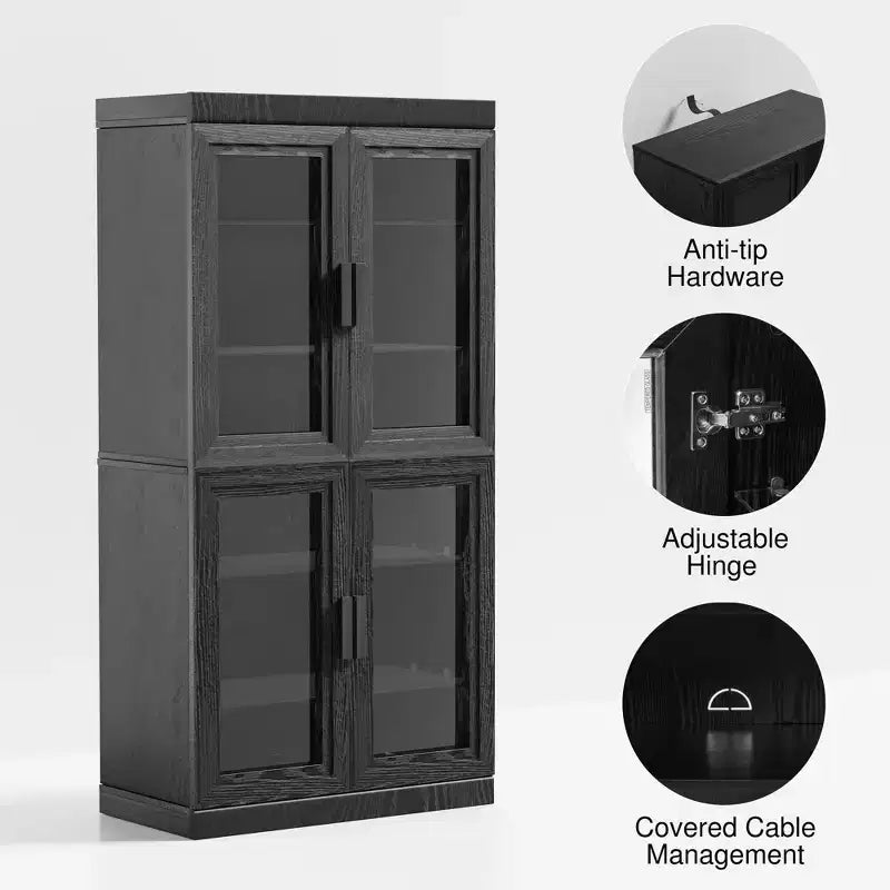 Meuble de rangement décoratif vitrine en bois grain avec porte en verre noir
