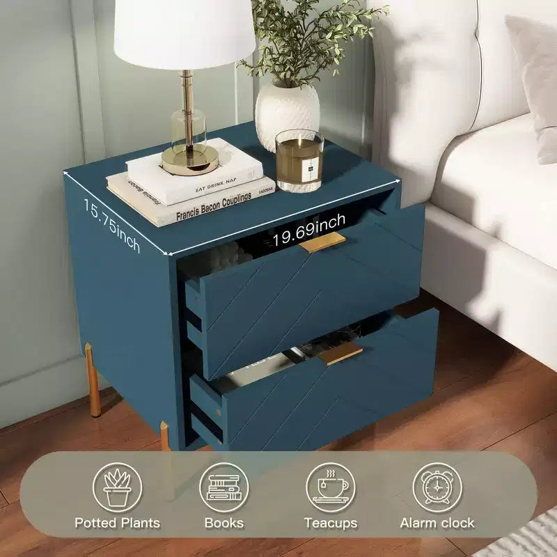 Table de chevet autoportante à 2 tiroirs avec pieds de support en métal