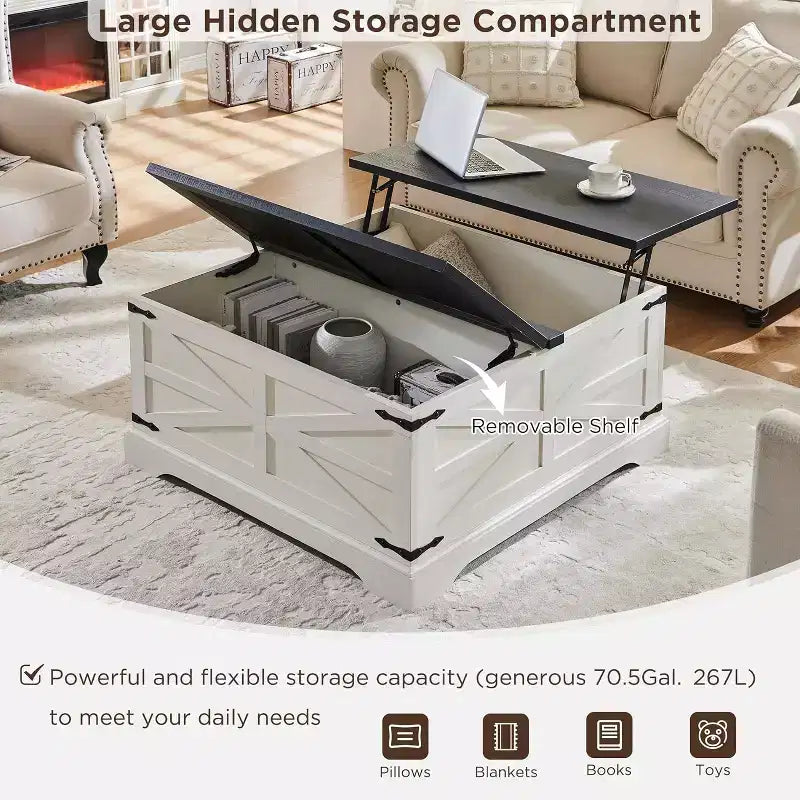 Table basse relevable de style ferme, avec grand compartiment de rangement caché