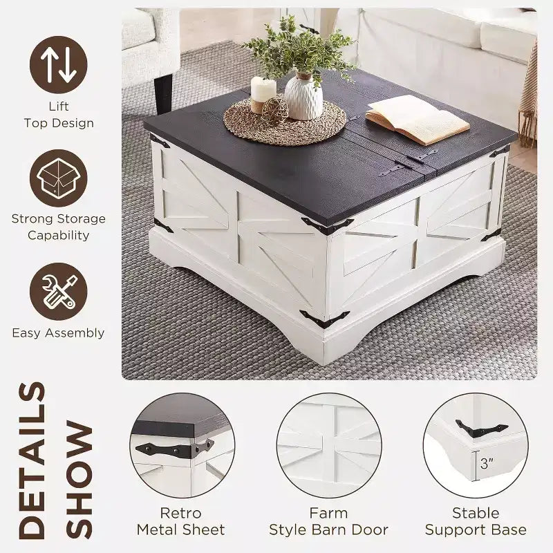 Table basse relevable de style ferme, avec grand compartiment de rangement caché